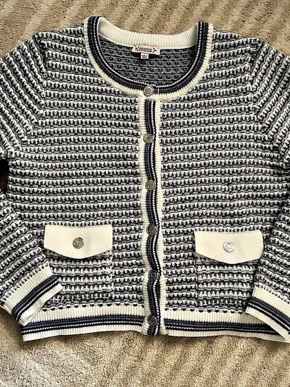Nanette Lepore Textured Knit Cardigan in Blue & White Size Large